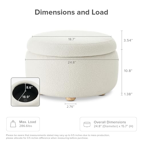 mopio Luna Round Ottoman with Storage and Tray, Round Coffee Table with Storage, Upholstered Foot Stools Ottoman for Living Room, Bedroom, with Solid Rubberwood Legs (Pearl White Performance Boucle) - color: White Boucle, Round