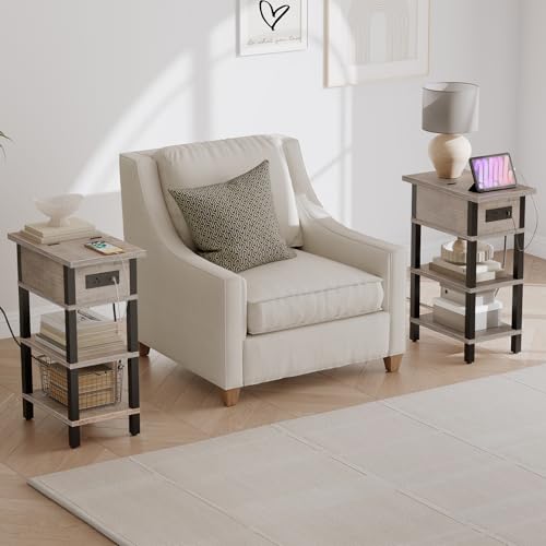 HOOBRO End Table with Charging Station, Flip Top Side Table with USB Ports, Narrow Nightstand Bedside Tables with Storage Shelves, for Small Space, Living Room,Greige and Black BG141UBZ01 - color: Greige + Black