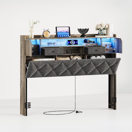Maupvit Headboard for Queen Size Bed with Storage, Upholstered Headboard Only, Wood Head Board with Charging Station and Led Light, Height-Adjustable, Hidden and Open Storage, Rustic Grey