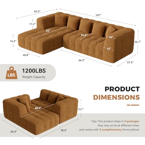 107" Boneless Couch with L - Shaped Chaise, Modern Chenille Modular Sectional Sofa with Tufted Design, Comfy Upholstered Sofa, No - Assembly Sectional Couch, Orange-Brown - color: Orange-brown