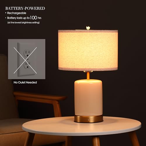 O’Bright Dune - Battery Powered Table Lamp, Rechargeable Cordless Ceramic Lamp, Full-Size 19.5 Inch Height, Dimmable, Smart Safety Protection, Type-C Fast Charging, LED Bulb Included, Cream White - color: Cream White, size: 19.5-inch