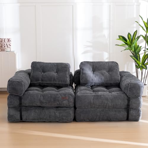 MAXYOYO Folding Sofa Bed, Convertible Chair Bed with Pillow | L-Shaped Floor Sofa with Armrest and Pillow, Foldable Portable Fold Out Comfy Chair Bed for Living Room Bedroom, Dark Grey - color: Dark Grey