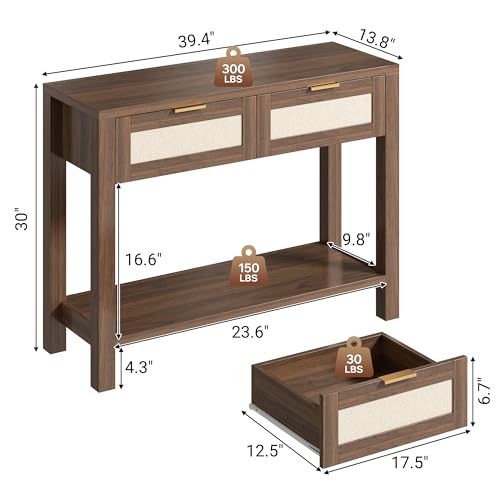 Boho Chic Console Table with 2 Rattan Drawers and Open Shelf Storage, Narrow Farmhouse Sofa Table for Small Space Entryway, Living Room,Hallway,Walnut - color: Walnut
