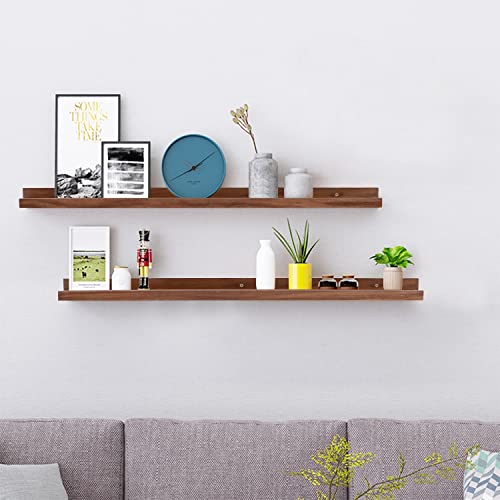 AZSKY Light Walnut Color Wood Wall Floating Shelves for Wall 36 Inch Bookshelf Wall Mount Picture Photo Frames Display Rack with Ledge Decorative Storage Shelves a Set of 2 - color: Light Walnut, size: 36in set 2