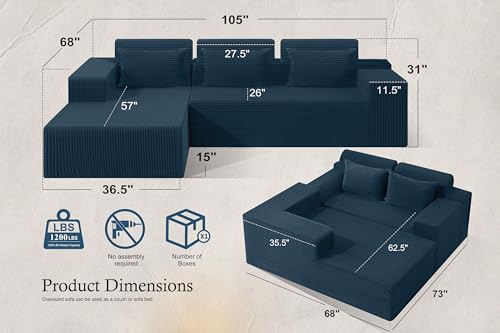 Sectional Couches for Living Room,No Assembly L Shaped Couch 105" Modular Sectional Sofa Couch with Deep Seat,Cloud Couches Furniture Sets for Apartment,Corduroy (Blue, Left Facing) - color: Corduroy Blue, size: 105"Left Facing