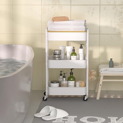 3 Tier Metal Utility Cart, Rolling Storage Cart with Wooden Tabletop, Metal Organizer Cart with Lockable Wheels for Office, Bedroom, Kitchen and Living Room (White) - color: White