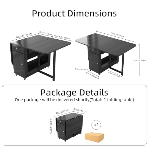 Small Folding Dining Table - 51" Fully Assembled Drop Leaf Table 4-6 Seater with Storage and Lockable Wheels, Space-Saving for Kitchen or Dining Room (Black) - color: Black, size: Only 51.18″L Table