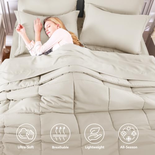 Oversized King Comforter Set, 7-Piece Bed in a Bag, Beige | Extra-Wide King Coverage, OEKO-TEX Certified, Box-Stitched, 240 GSM Fill, All-Season Comfort, Sheets, Pillowcases & Shams - color: Beige, size: Oversized King(120"x98")