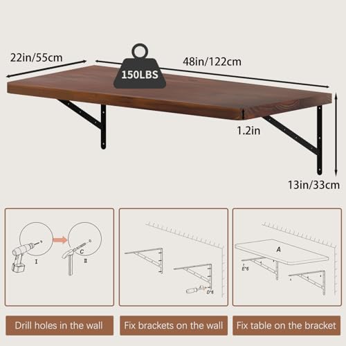 Floating Wall Desk for Home Office,Wall Mounted Table with Pine Wood,48 Inch Workbench for Garage,Work Table with Heavy Duty Brackets for Kitchen,Dining,Laundry,Floating Shelf for Wall - size: 48 Inch