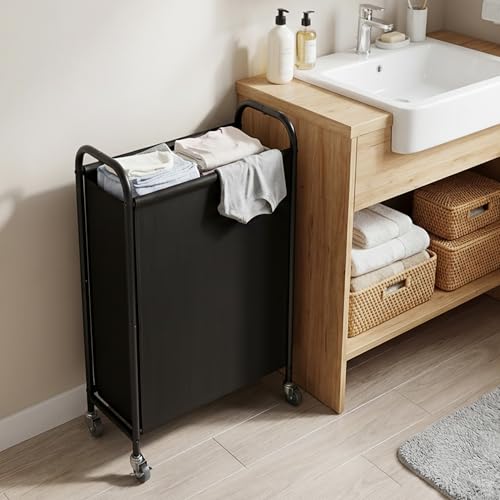 GRANNY SAYS Laundry Hamper, Slim Basket with Wheels and Handles, Black, 80L | Heavy Duty Metal Frame, Silent Rolling Cart for Clothes in Bedroom, Bathroom, Dorm - color: Black, size: 80L