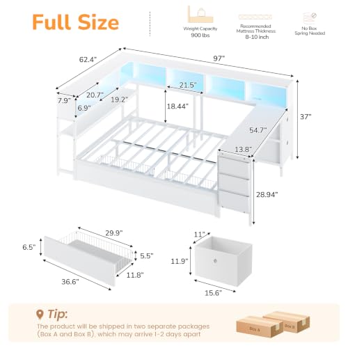 DICTAC Corner Full Bed Frame with Desk, 9 Storage Drawers and Bookcase, Full Size Platform Bed Frame with Charging Station and LED Lights, Modern Daybed for Kids/Teen with Storage, Space-Saving, White - color: White, size: Full