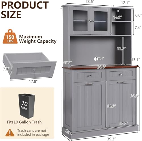 68.4" Kitchen Pantry Storage Cabinet, Freestanding Cupboard with Shelf, 2 Drawers and 2 Tilt Out Trash Cabinet, Tall Cabinets for Kitchen, Dinning Room, Living Room (Elegant Grey, Double Tilt) - color: Elegant Grey
