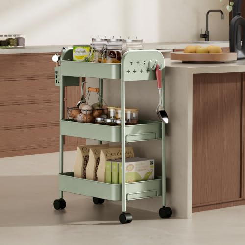 Heavy-Duty Rolling Cart 3 Tier Metal Utility Storage Cart | with Casters, Hooks & Hanging Cups, Rolling Storage Organizer for Kitchen Office Craft Snack Book - color: Sage Green