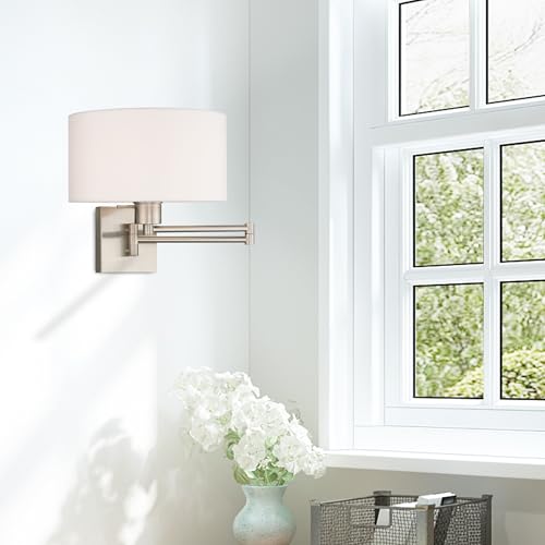 Livex Lighting 40036-91 1-Light Swing Arm Wall Light, Brushed Nickel | Off-White Fabric Shade - color: Brushed Nickel