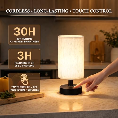 Kakanuo Small Cordless Table Lamp with Rechargeable Battery, Black, 1 Pack | Touch Stepless Dimming, 3000K Warm Light, Beige Fabric Shade, 30H at Full Brightness, for Bedside, Bedroom and Living room - color: Beige - Black, size: 1 Pack - 10in