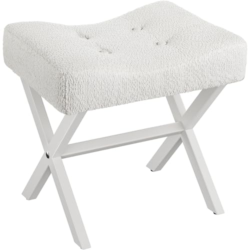 18-Inch Large Vanity Stool Chair, White Makeup Stool | Teddy Flannel Vanity Bench, Metal X-Leg, 350 LBS, 20"x16.9"x18", Ottoman Accent Stool, Breathable Soft Padded Saddle Seat - size: Large, style: White Fabric