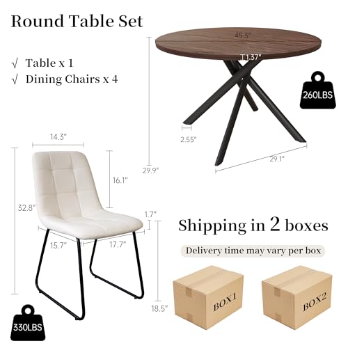 HIPIHOM 45.3 Inch Round Dining Table Set for 4, Mid Century Modern Small Coffee Set for Dining Room Kitchen Apartment (Dark Walnut Table + 4 U-Shaped White Chairs) - color: Walnut Table+4 U-shaped White Chairs