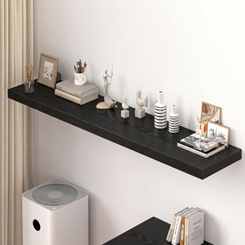 Dreamland 72" Floating Shelves for Wall, 12" Deep Thicker Black Floating Shelves, Wall-Mounted Shelves for Bedroom, Living Room, Kitchen, Bathroom - Set of 1 - color: Black, size: 72"W x 12"D x 2"H, Set of 1