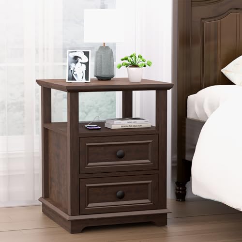 24" Tall End Table with Charging Station & 2 Drawers | Double 18W Fast Charge, Large 18" Bedside Table, Open Shelf, Living Room, Bedroom, Home Office - color: Cherry, size: 1 Piece