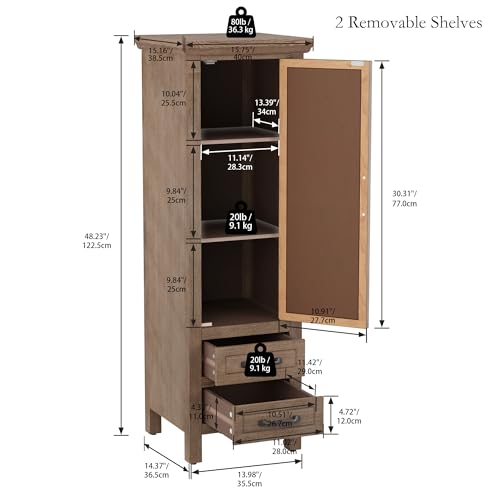 COSIEST 48" Narrow Farmhouse Accent Cabinet, Rustic Wood Storage Tower with 1 Door, 2 Drawers & Adjustable Shelves, Embossed Metal Panel Chest for Small Spaces, Hallway, Kitchen - size: 48 Inch Tall (1-Door 2-Drawer)
