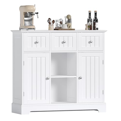 ChooChoo 35.4" Coffee Bar Cabinet with 3 Drawers and 2 Doors, White | Buffet Cabinet with Adjustable Shelves, Storage Cabinet for Compact Kitchens, Dining rooms and Living rooms - color: White