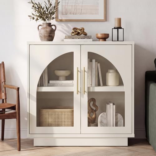 Fatmok Arched Glass Sideboard Buffet Accent Cabinet, 31.5" Display Credenza with Adjustable Shelf,1-Piece Modular Coffee Station Storage for Kitchen Living Room Bedroom, Beige(Not White) - color: D-beige
