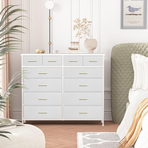 VASICAR Chest of Drawers for Bedroom 12 Deep Drawers Tall Fabric Dresser | 43.3" Wide Closet Organizer, TV Stand, Storage Cabinet for Nursery, Bedside, Living Room, Entryway, Apartment (White) - color: White