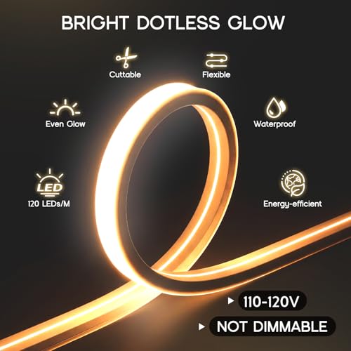 LED Strip Lights Daylight White 6000K,16.4ft 110-120V Neon Rope Lights,Flexible Silicone Outdoor Waterproof Neon Strip Lights for Bedroom,Mirror,Kitchen Cabinet, Living Room,Halloween Decor - color: Daylight White, size: 16.4FT