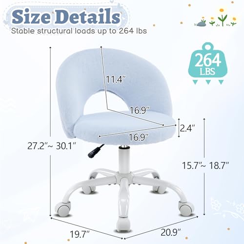 VINGLI Small Vanity Chair with Faux Fur Wheels for Girls,Cute Adjustable Height Armless Office Desk Chair,360°Swivel Comfy Rolling for Study,Make up Room,Small Space,Blue - color: Furry Blue