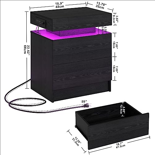 LIKIMIO Nightstand with Charging Station LED Light and 2 Drawers Black | bedside table; end table; charging station; LED light; 2 drawers; black wood grain; small spaces - color: Black