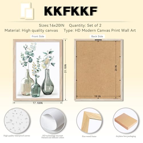 Boho Plant Wall Art Green Botanical 2Pcs Bohemain Framed Wall Printing Neutral Canvas Prints with Eucalyptus Leaf and Glass Bottle Sage Green Wall Decor For Kitchen Dining Room Living Roon Bathroom 16x20IN - color: Plant kitchen Framed, size: 20"L x 16"W