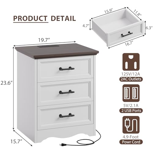 Farmhouse Nightstand with Charging Station, 19.7" End Table with 3 Drawers Storage, White Wooden Night Stand, Bedside Table with Unique Base Design, 3 Drawer Dresser for Bedroom, Living Room - color: White, size: 15.7"D x 19.7"W x 23.6"H (3 Drawers)