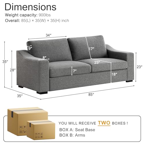 85" Modern Sofa Couches for Living Room, 3 Seater Natural Linen Sofa with Extra Deep Seats,Upholstered Cushion&Detachable Cover,Comfy Couch for Small Space,Apartment,Dark Grey,2PCS - color: Grey, size: 85 Inch - Deep Couch ×2