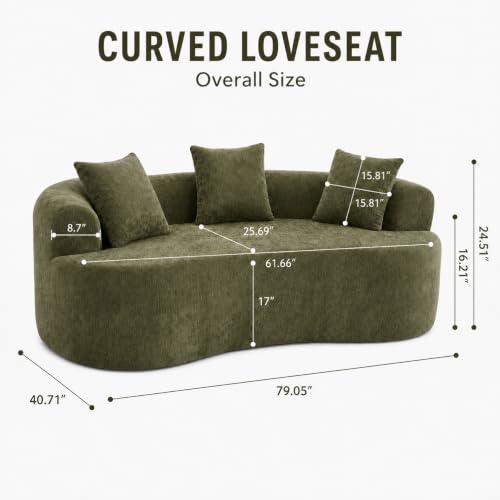 80" Curved Loveseat for Small Spaces, Green Curved Couches for Living room, Compression Sofa in a Box with 3 Pillows, Small Couch for Bedroom with Wide Armrest & Memory Foam, No Assembly Required - color: Green, size: 80 Inch
