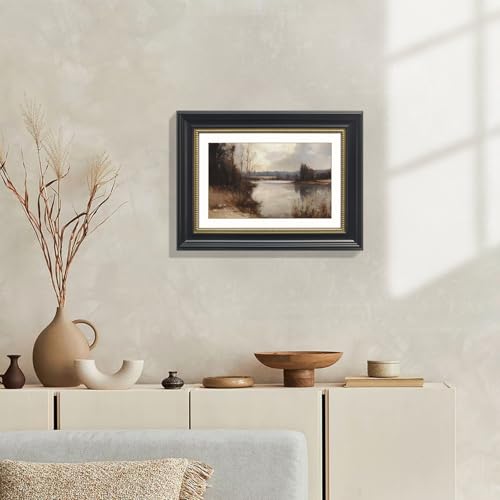 Gatheroad Black Framed Vintage Canvas Wall Art Prints, Landscape Art Picture, Retro Rustic Aesthetic Serene Waterscape Bathroom Decor, Farmhouse Home Accent for Living Room Bedroom Office, 12x16in - color: Hazy Lake, size: 12X16inch