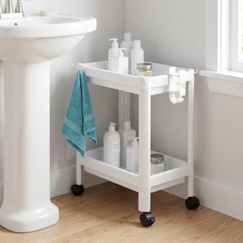 Bathroom Tower Shelf, White Plastic Freestanding Storage Rack, Narrow Standing Shelf Unit for Bathroom Kitchen Bedroom(2 Layers with Wheels) - size: 2 Layers with Wheels