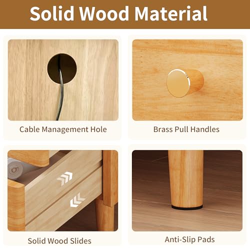 Nightstand with Drawers, 15.7" Solid Wood Side Table for Bedroom, Modern Bedside Table with Pull-Out Tray & Cable Management, Natural - color: Natural, size: 16"