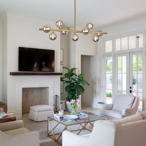 Mid Century Modern Globe Sputnik Chandelier, 9-Light Linear Chandeliers for Dining Room and Kitchen Island, Dining Light Fixture Over Table, Brass Gold and Smoke Grey Glass Bubble, 40 Inch - color: Gold Somke Grey, size: 9-Light 40 Inch