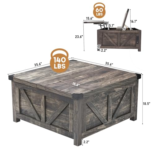 jimeimen Farmhouse Lift Top Coffee Table with Storage, Wood Square Center Table with Charging Station&USB Port, Living Room Table w/Large Hidden Space, for Living Room, Bedroom, Home Office, Dark Grey - color: Dark Grey