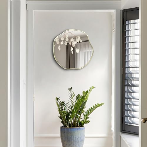 POZINO Scalloped Irregular Wall Mirror, 16" Small Asymmetrical Frameless Mirrors, Gold Wavy Decorative Accent Mirrors for Entryway Bedroom Fireplace Living Room, Horizontal or Vertical Hanging - color: Gold, size: 16"L x 16"W