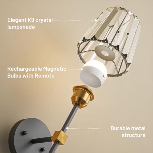 Crystal Battery Operated Wall Sconces Set of 2, Black and Gold Rechargeable Wireless Wall Lights with Crystal Lampshade, 12 RGB and 3CCT Dimmable Wall Lamps with Remote for Bedroom Living Room Hallway - color: Black and Gold