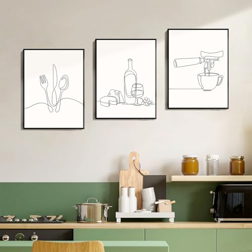 Dazzlewall 3Pcs Minimalist Line Kitchen Wall Art Decor, Black and White Abstract Line Wall Art Prints for Dining Room Coffee Bar Living Room Decor 12x16 in Unframed - color: Line Kitchen