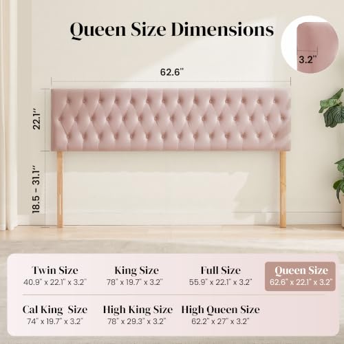 Tufted Upholstered Queen Size Bed Headboard in Modern Button Design, Adjustable Solid Wood Head Board, Premium Velvet Fabric Padded Headboards in Bedroom (Pink) - color: Pink, size: Queen