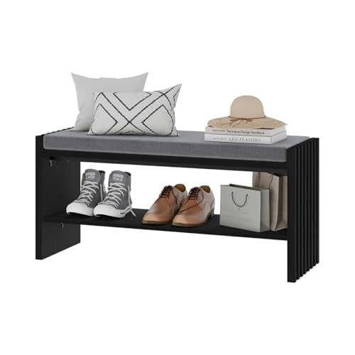 40" Entryway Shoe Bench with Storage & Cushion, Modern Fluted Shoe Rack for Mudroom, Sturdy Wooden Hallway Bench with 360 lbs Capacity, Black Oak - color: Black Oak