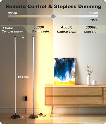 Corner Lamp, Minimalist LED Floor Lamp, Black, 1 Pack | Remote Control, Dimmable, 7 Color Temperature 3000K-6000K, For Living Room, Bedroom, Home Office - color: black-55.8in, size: 1 pack