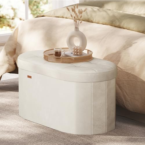 SONGMICS Mazie Collection - Folding Ottoman with Storage, Oval Storage Ottoman Bench, for Living Room, Bedroom, Velvet Fabric, 15 x 30 x 15 Inches, Cream White ULSF267LH01 - color: Cream White, size: 15"D x 30"W x 15"H, style: Oval