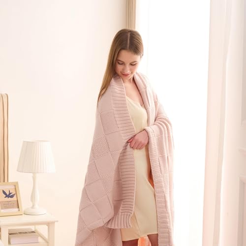 CozeCube Pink Knitted Checkered Throw Blanket 50"X60" | Check Knit Throw for Couch, Decorative Christmas Soft Cozy Warm Blanket for Bed Sofa Living Room - color: Pink, size: 50"X60"