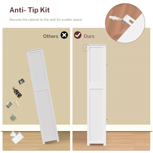 67" H Tall Bathroom Cabinet with 2 Doors & 1 Drawer, Narrow Bathroom Storage Cabinet with Adjustable Shelves, for Living Room, Entryway, Kitchen, White - color: White