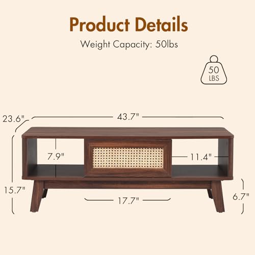 Coffee Table, Mid Century Living Room Tables with Storage, Modern Square with Rattan Drawer, Wooden Living Room Table with Solid Wood Leg - color: Dark Walnut