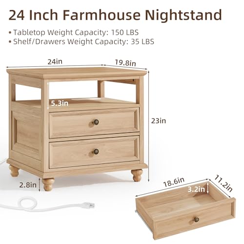 Joaxswe Farmhouse Nightstand with Charging Station, 24" Wide End Table with 2 Drawers, Natural Dresser for Bedroom, Bed Side Table Chest of Drawers Cabinet,Wood Night Stand for Living Room, Closet - color: Natural, size: 19.76"D x 24"W x 22.91"H (2 Drawer